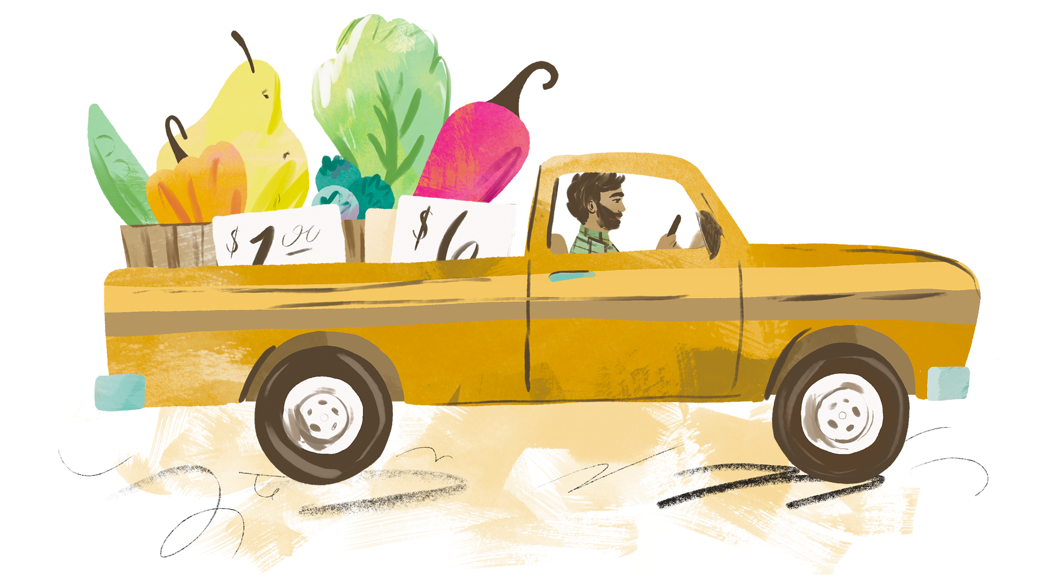 Illustration of veggies in the back of a truck