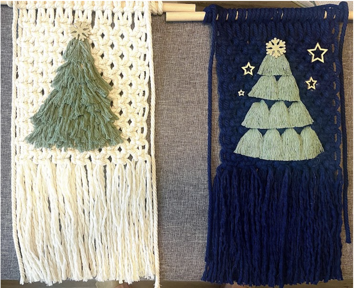 Macrame wall hangings featuring a Christmas tree design